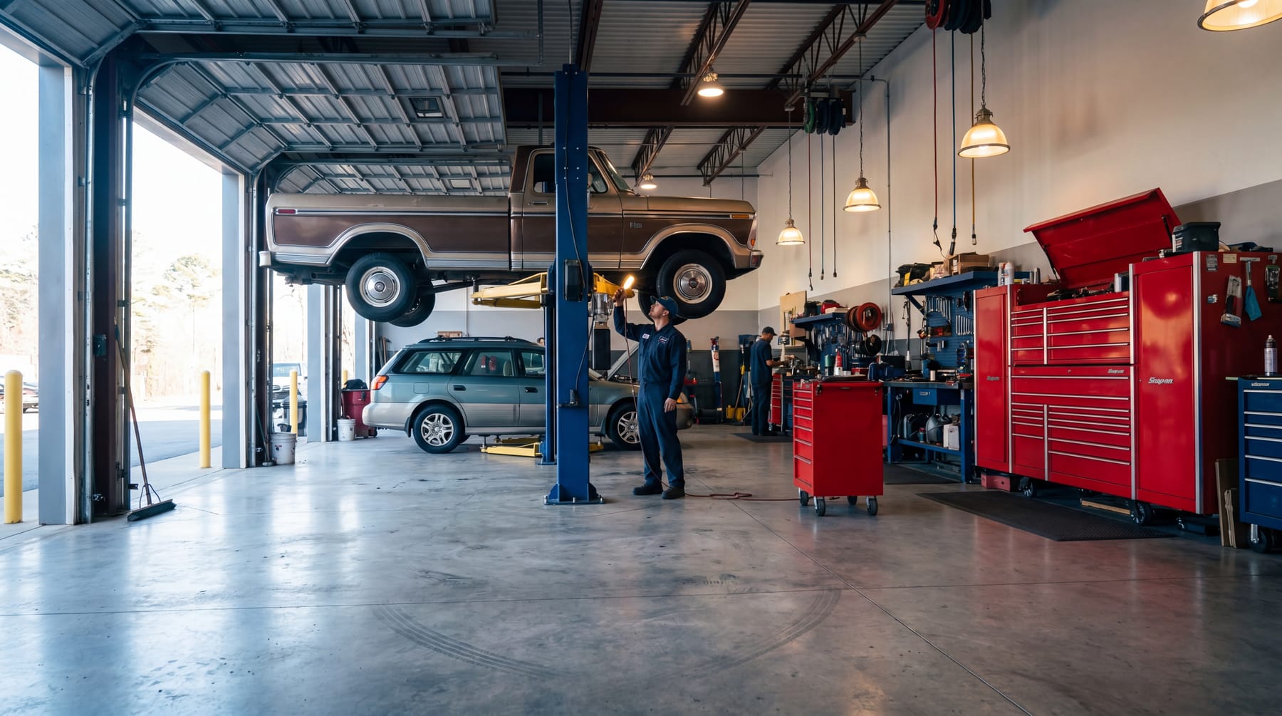 Mechanic working under a car on a lift inside Stanley's Auto Repair in Philadelphia