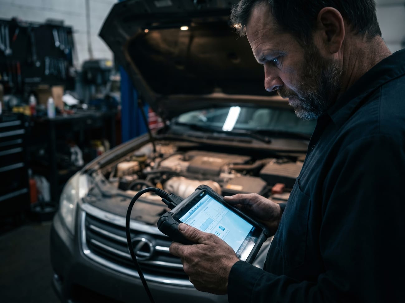Technician using an OBD-II diagnostic scan tool on a vehicle at Stanley's Auto Repair Philadelphia