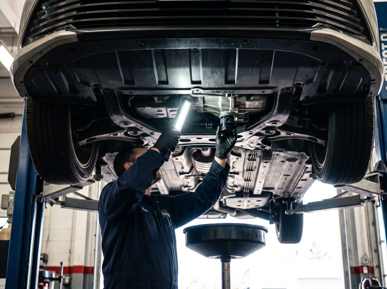 Technician performing an oil change and undercar inspection at Stanley's Auto Repair Philadelphia