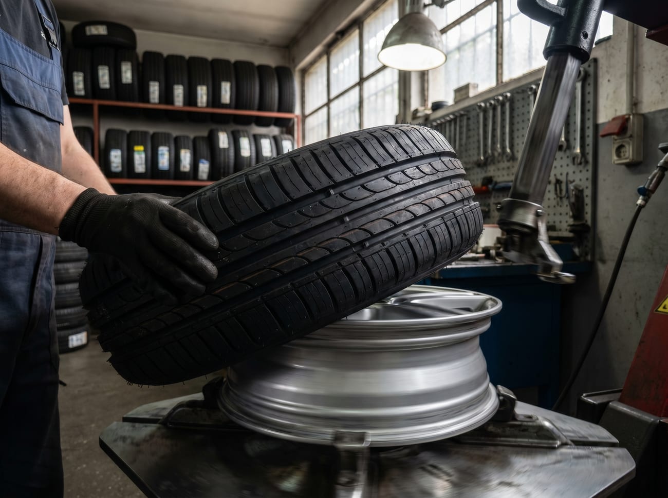 New tire being mounted on a wheel balancer at Stanley's Auto Repair in Philadelphia